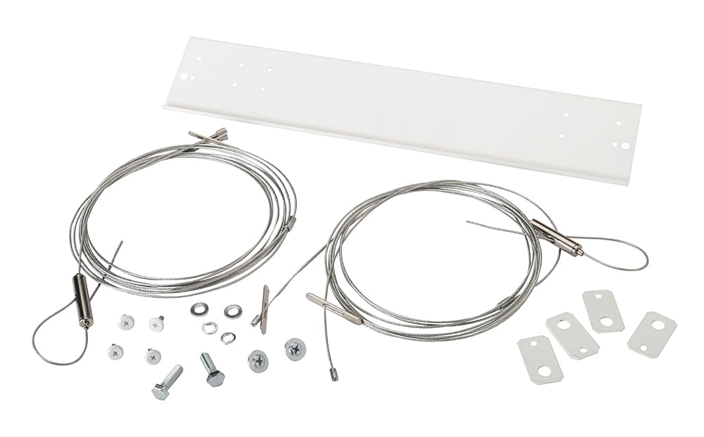 Emergency LED Backup Mounting Kit for LED Highbay Fixtures.  Fit's all Keystone all Keystone -2F- Highbay Fixtures. Includes; Main Bracket, Wider Hanging Tabs, Aircraft Cable hanging set, and Mounting Hardware.  Designed for use with KT-EMRG-LED-5-500-EN