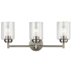 The modern Winslow 3-light 21.5in. bath light in a Brushed Nickel finish with Clear Seeded glass shade pair beautifully with the linear arms, bringing light and dimension to a space.