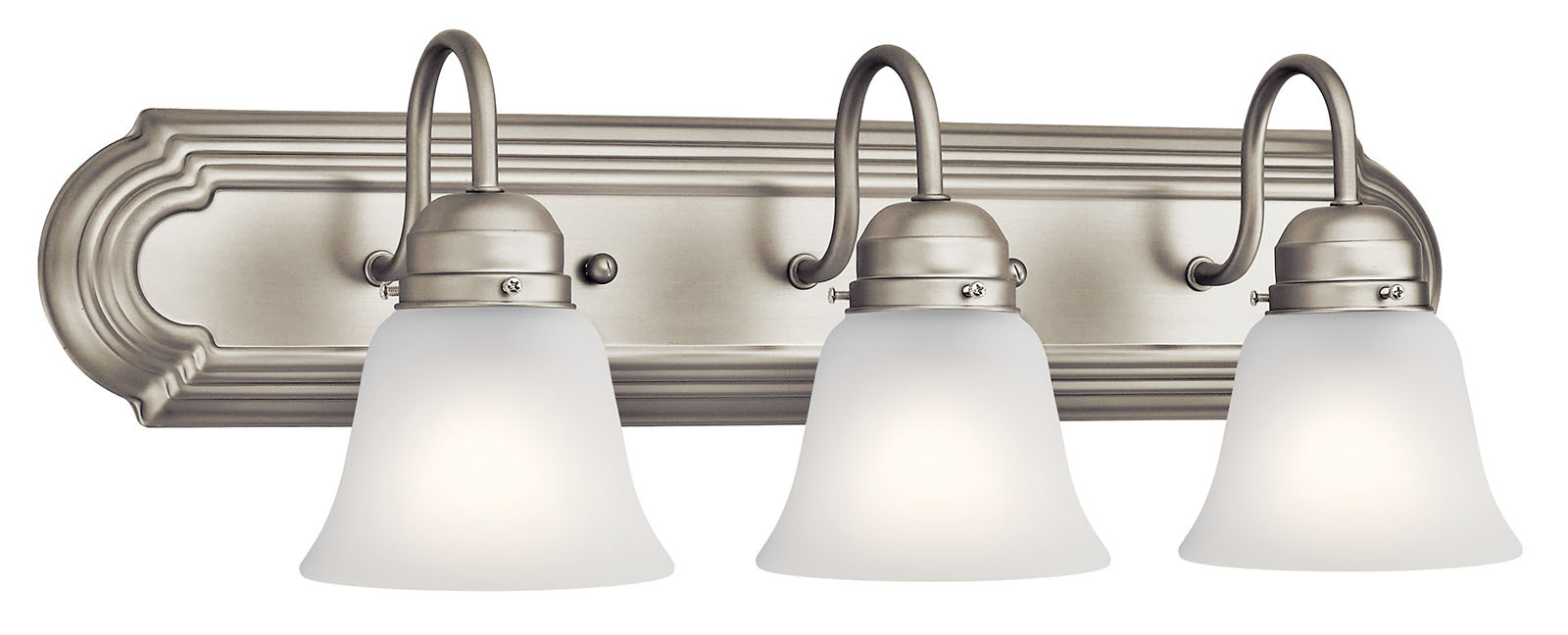The modern lines of this 24in. 3-light bath light fixture in a Brushed Nickel finish with Satin Etched glass will blend into many decors.