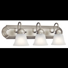 The modern lines of this 24in. 3-light bath light fixture in a Brushed Nickel finish with Satin Etched glass will blend into many decors.