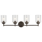 The modern Winslow 4-light 30in. bath light in an Olde Bronze finish with Clear Seeded glass shade pair beautifully with the linear arms, bringing light and dimension to a space.