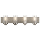 The look of rustic reclaimed wood planking serves as a backdrop for the  unexpected style of the Dalwood(TM) 4-light bath light. The Classic Pewter finish and Seeded glass adds to the vintage feel.