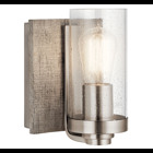 The look of rustic reclaimed wood planking serves as a backdrop for the unexpected style of the Dalwood(TM) 1-light 8.25in; bath sconce. The Classic Pewter finish and Seeded glass adds to the vintage feel.