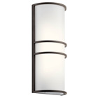 This 16in; 2-light LED wall sconce is in a transitional style and features an Olde Bronze finish. White acrylic provides an even diffusion of light.