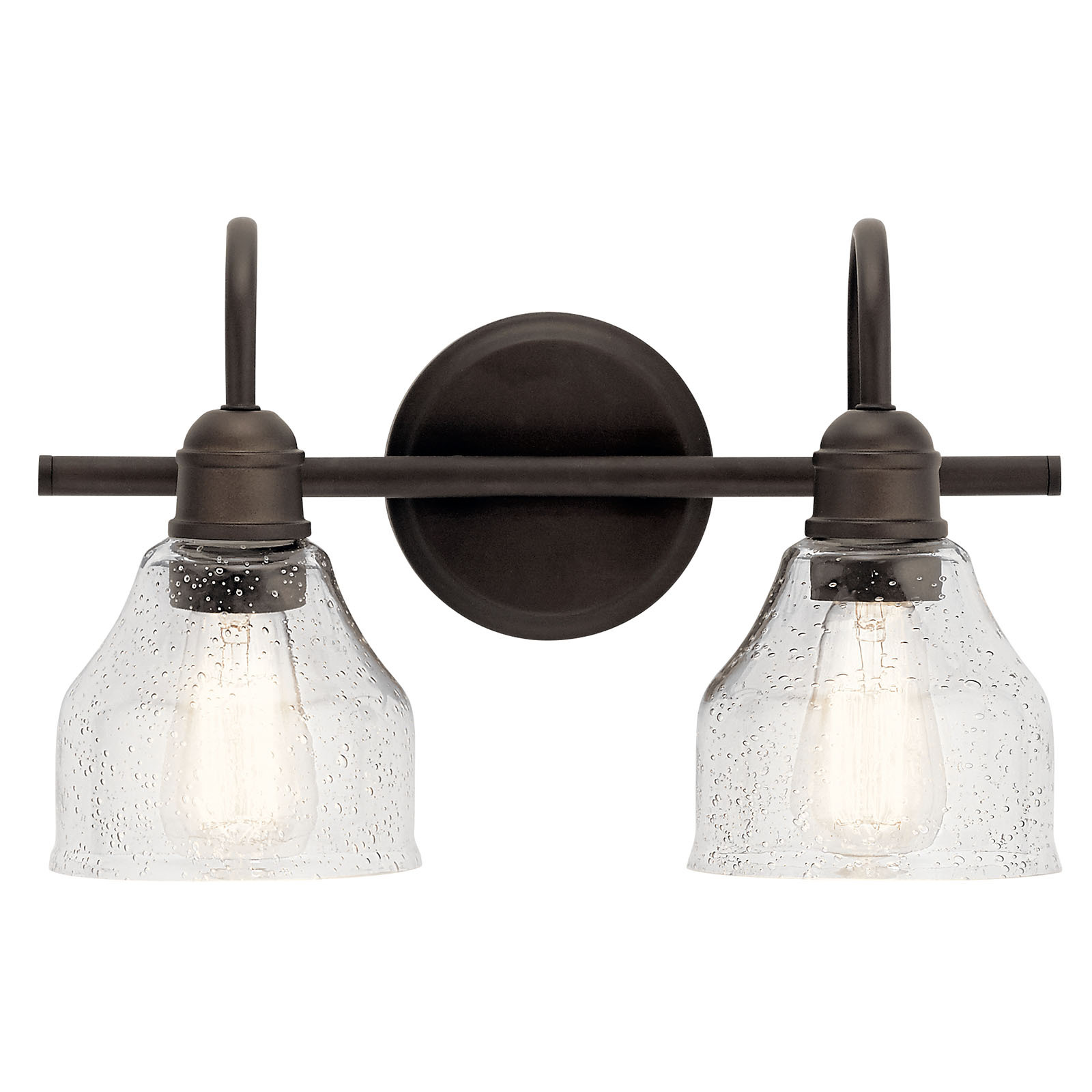 The Avery 14.75in; 2 light vanity light features a classic look with its Olde Bronze finish and clear seeded glass. The vanity light can be installed with the glass up or down and is damp rated. The Avery vanity light is perfect in several aesthetic environments, including transitional and vintage industrial.