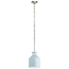 Vintage milk cans in a creamy blue-white hue provide the inspiration for this Montauk 1 light mini pendant(TM)s simple style. Hang as a statement piece over a table or use several for added farmhouse flair: the distinctive cool blue works beautifully with subdued decorating color palettes.