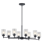 The modern Winslow(TM) 8 light chandelier in a Black finish with Clear Seeded glass shade pair beautifully with the linear arms, bringing light and dimension to a space.