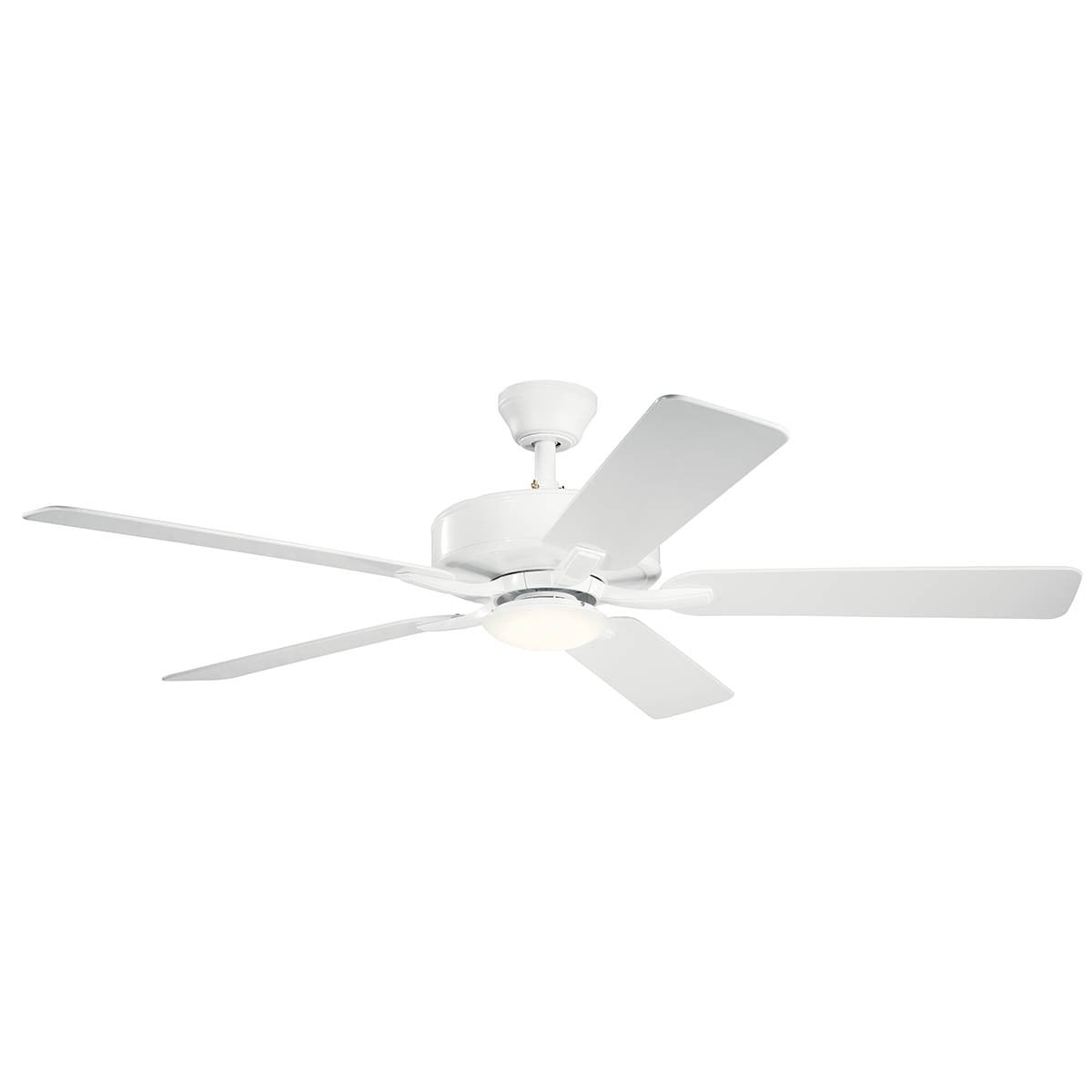 Equipped with an integrated LED light and handheld wall control, the Basics Pro Designer ceiling fan with Matte White finish complements a variety ofdacors and lighting styles.