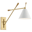 The Finnick(TM)  20in; 1 light wall sconce is a decorative light featuring Champagne Gold arms with Natural Maple accents. The attached White shade and head move vertically, and the entire fixture swivels from side to side. Direct the light just where you want it, and embrace modern individuality.