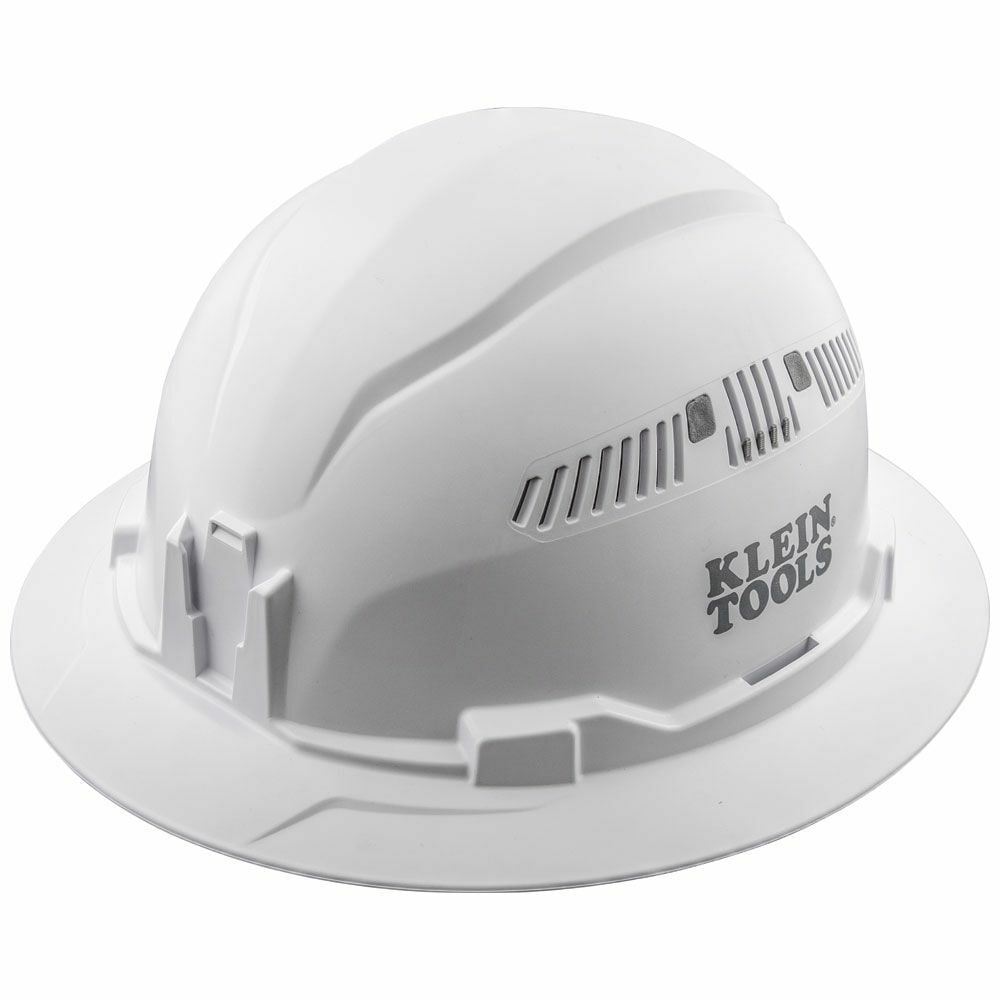 Hard Hat, Vented, Full Brim Style, White, Safety hard hat has patent-pending accessory mounts on front and back ensure Klein Headlamps attach securely and precisely, every time  no straps or zip ties needed