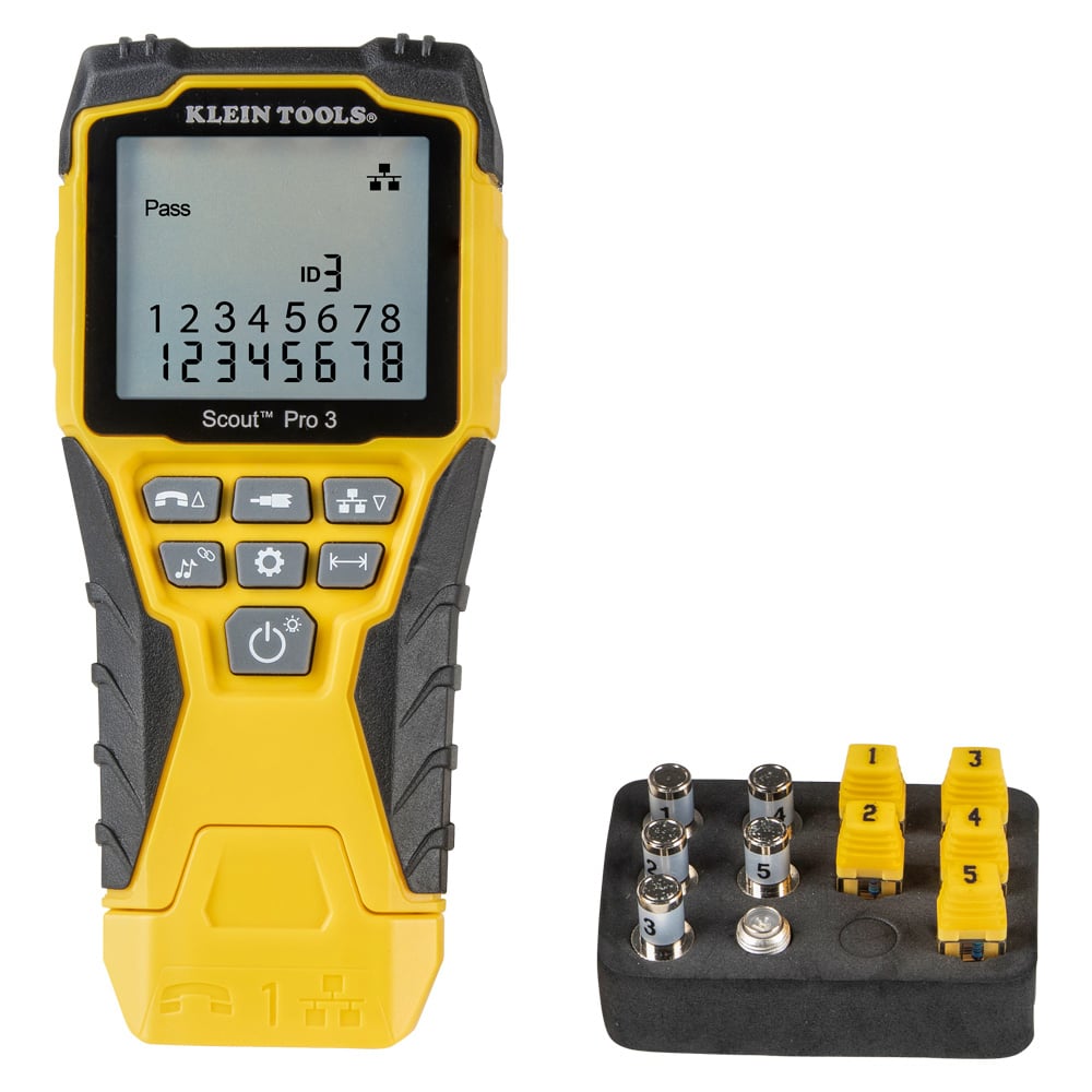 Cable Tester Kit with Scout Pro 3 Tester, Remotes, Adapter, Battery, Cable tester tests voice (RJ11/12), data (RJ45) and video (coax F-connector) terminated cables with clearly defined results