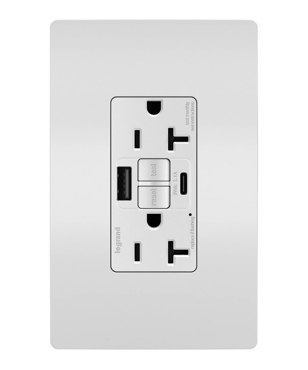 2097TRUSBACW radiant Tamper-Resistant Duplex Self-Test GFCI Receptacle with SafeLock Protection, 20 Amp, Type A/C Outlet, White
