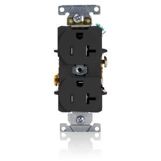 20 Amp, 125 Volt, NEMA 5-20R, 2P, 3W, Duplex Receptacle, Tamper-Resistant, Straight Blade, Fed Spec, Heavy Duty Industrial Specification Grade, Self-Grounding, Back & Side Wired, Steel Strap  BLACK