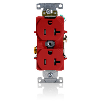 20 Amp, 125 Volt, NEMA 5-20R, 2P, 3W, Duplex Receptacle, Tamper-Resistant, Straight Blade, Fed Spec, Heavy Duty Industrial Specification Grade, Self-Grounding, Back & Side Wired, Steel Strap  RED