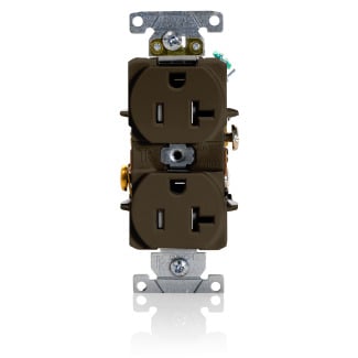 20 Amp, 125 Volt, NEMA 5-20R, 2P, 3W, Duplex Receptacle, Tamper-Resistant, Straight Blade, Fed Spec, Heavy Duty Industrial Specification Grade, Self-Grounding, Back & Side Wired, Steel Strap  BROWN