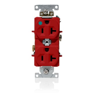 20 Amp, 125 Volt, NEMA 5-20R, 2P, 3W, Duplex Receptacle, Indented Face, Straight Blade, Fed Spec, Heavy Duty Hospital Grade, Self-Grounding, Back & Side Wired, Steel Strap  RED