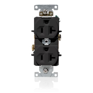 20 Amp, 125 Volt, NEMA 5-20R, 2P, 3W, Duplex Receptacle, Indented Face, Straight Blade, Fed Spec, Heavy Duty Industrial Specification Grade, Self-Grounding, Back & Side Wired, Steel Strap  BLACK