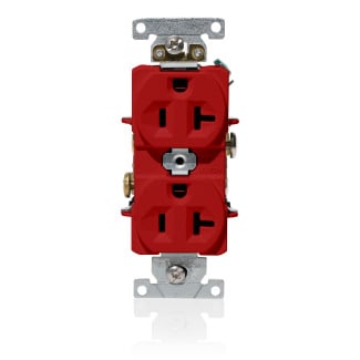 20 Amp, 125 Volt, NEMA 5-20R, 2P, 3W, Duplex Receptacle, Indented Face, Straight Blade, Fed Spec, Heavy Duty Industrial Specification Grade, Self-Grounding, Back & Side Wired, Steel Strap  RED