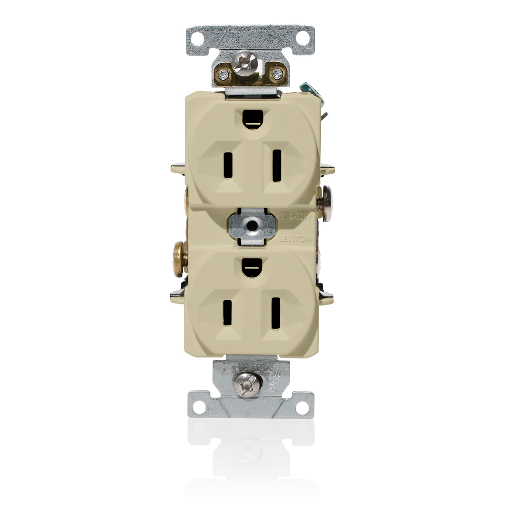 20 Amp, 125 Volt, NEMA 5-20R, 2P, 3W, Duplex Receptacle, Indented Face, Straight Blade, Fed Spec, Heavy Duty Industrial Specification Grade, Self-Grounding, Back & Side Wired, Steel Strap  IVORY