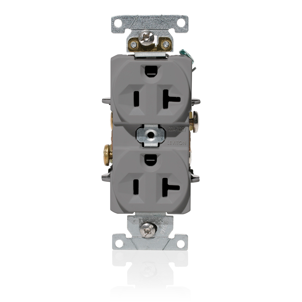 20 Amp, 125 Volt, NEMA 5-20R, 2P, 3W, Duplex Receptacle, Indented Face, Straight Blade, Fed Spec, Heavy Duty Industrial Specification Grade, Self-Grounding, Back & Side Wired, Steel Strap  GRAY