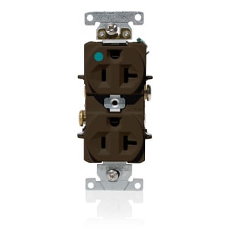 20 Amp, 125 Volt, NEMA 5-20R, 2P, 3W, Duplex Receptacle, Indented Face, Straight Blade, Fed Spec, Heavy Duty Hospital Grade, Self-Grounding, Back & Side Wired, Steel Strap  BROWN