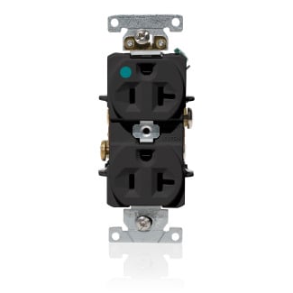 20 Amp, 125 Volt, NEMA 5-20R, 2P, 3W, Duplex Receptacle, Indented Face, Straight Blade, Fed Spec, Heavy Duty Hospital Grade, Self-Grounding, Back & Side Wired, Steel Strap  BLACK