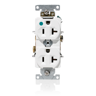 20 Amp, 125 Volt, NEMA 5-20R, 2P, 3W, Duplex Receptacle, Indented Face, Straight Blade, Fed Spec, Heavy Duty Hospital Grade, Self-Grounding, Back & Side Wired, Steel Strap  WHITE