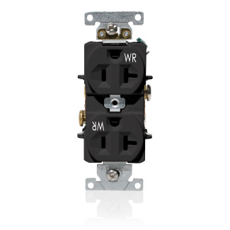 20 Amp, 125 Volt, NEMA 5-20R, 2P, 3W, Wide Body Duplex Receptacle, Straight Blade, Industrial Grade, Self Grounding, Weather-Resistant, Back & Side Wired, Nickel-Plated Brass Strap - BLACK