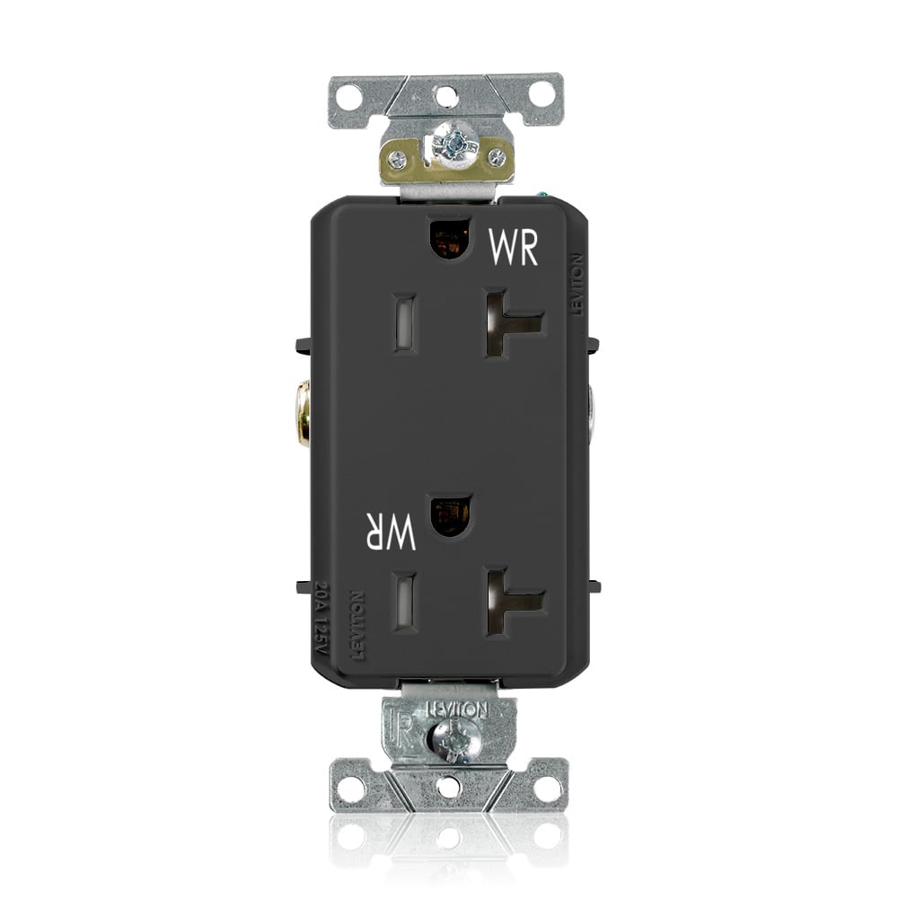 20 Amp, 125 Volt, NEMA 5-20R, 2P, 3W,Decora Plus DuplexReceptacle, Straight Blade, Fed Spec, Heavy Duty Industrial Specification Grade, Weather-Resistant, Tamper-Resistant, Self-Grounding, Back & Side Wired, Steel Strap  BLACK