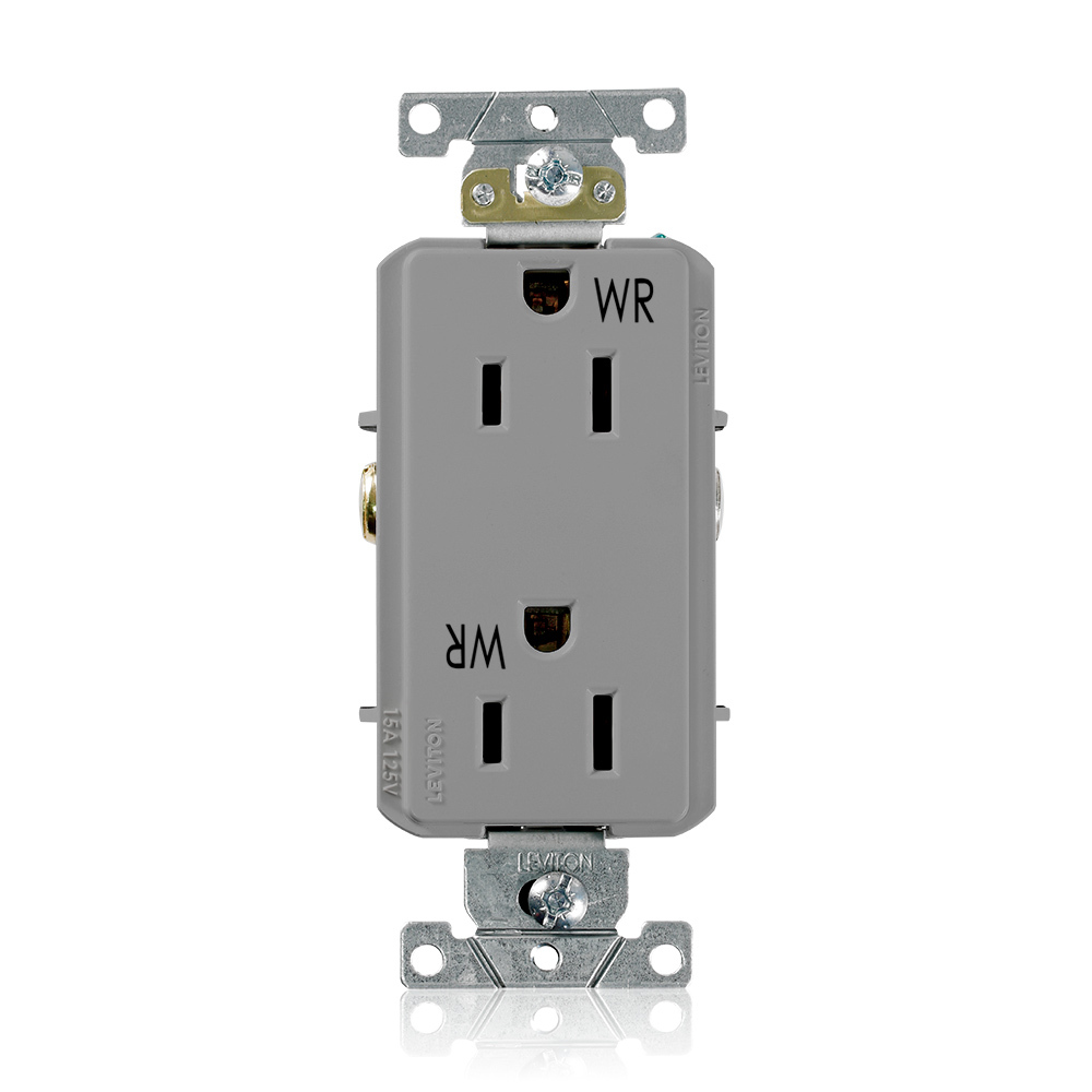 15 Amp, 125 Volt, NEMA 5-15R, 2P, 3W,Decora Plus DuplexReceptacle, Straight Blade, Fed Spec, Heavy Duty Industrial Specification Grade, Weather-Resistant, Self-Grounding, Back & Side Wired, Steel Strap  GRAY