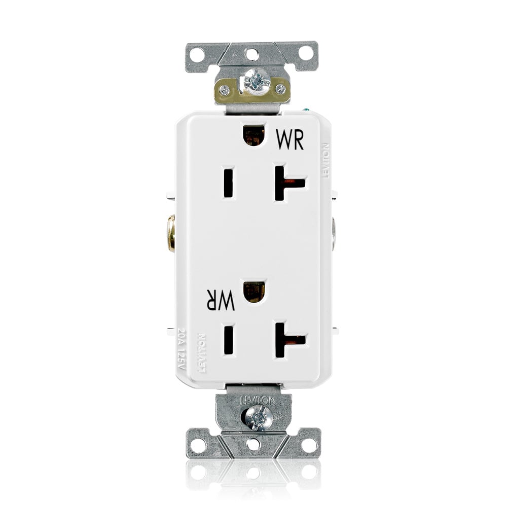 20 Amp, 125 Volt, NEMA 5-20R, 2P, 3W,Decora Plus DuplexReceptacle, Straight Blade, Fed Spec, Heavy Duty Industrial Specification Grade, Weather-Resistant, Self-Grounding, Back & Side Wired, Steel Strap  WHITE