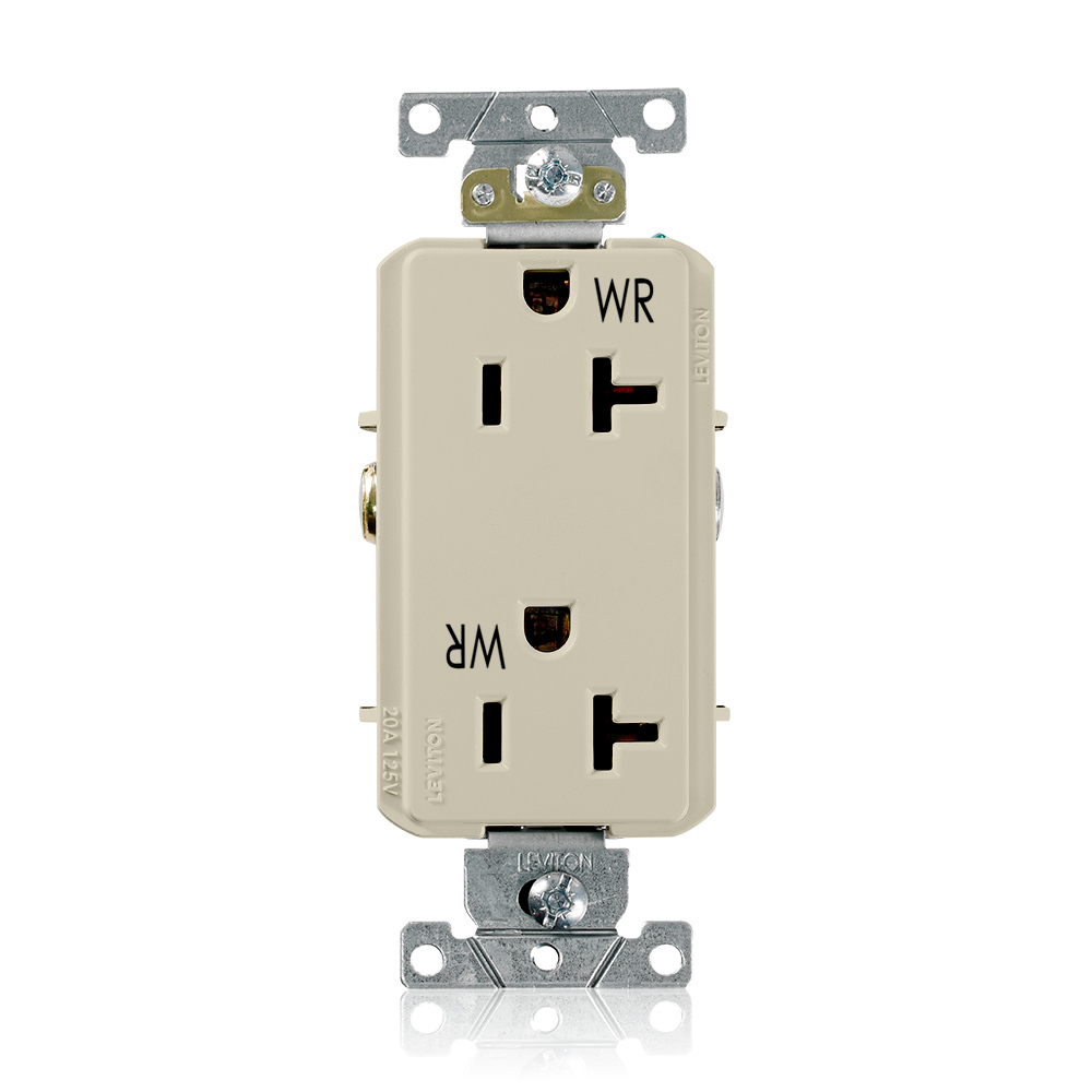 20 Amp, 125 Volt, NEMA 5-20R, 2P, 3W,Decora Plus DuplexReceptacle, Straight Blade, Fed Spec, Heavy Duty Industrial Specification Grade, Weather-Resistant, Self-Grounding, Back & Side Wired, Steel Strap  IVORY