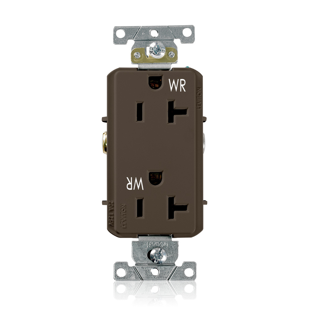20 Amp, 125 Volt, NEMA 5-20R, 2P, 3W,Decora Plus DuplexReceptacle, Straight Blade, Fed Spec, Heavy Duty Industrial Specification Grade, Weather-Resistant, Self-Grounding, Back & Side Wired, Steel Strap  BROWN