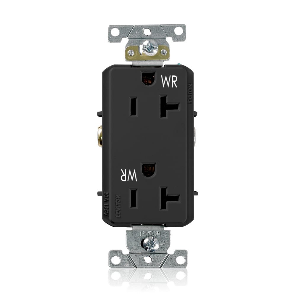 20 Amp, 125 Volt, NEMA 5-20R, 2P, 3W,Decora Plus DuplexReceptacle, Straight Blade, Fed Spec, Heavy Duty Industrial Specification Grade, Weather-Resistant, Self-Grounding, Back & Side Wired, Steel Strap  BLACK