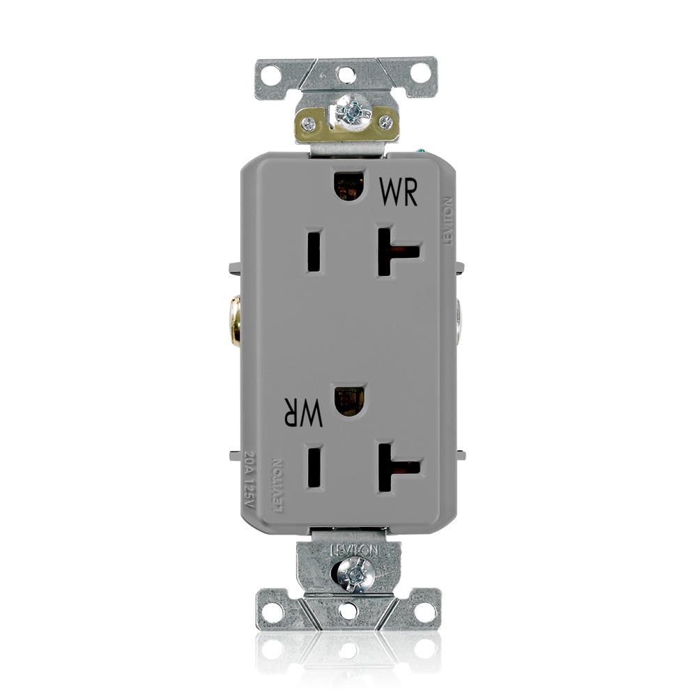 20 Amp, 125 Volt, NEMA 5-20R, 2P, 3W,Decora Plus DuplexReceptacle, Straight Blade, Fed Spec, Heavy Duty Industrial Specification Grade, Weather-Resistant, Self-Grounding, Back & Side Wired, Steel Strap  GRAY
