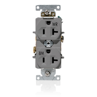 20 Amp, 125 Volt, NEMA 5-20R, 2P, 3W, Duplex Receptacle, Straight Blade, Fed Spec, Heavy Duty Industrial Specification Grade, Weather-Resistant, Self-Grounding, Back & Side Wired, Steel Strap  GRAY