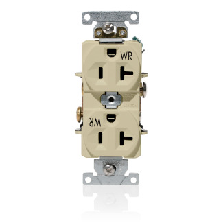 20 Amp, 125 Volt, NEMA 5-20R, 2P, 3W, Duplex Receptacle, Straight Blade, Fed Spec, Heavy Duty Industrial Specification Grade, Weather-Resistant, Self-Grounding, Back & Side Wired, Steel Strap  IVORY