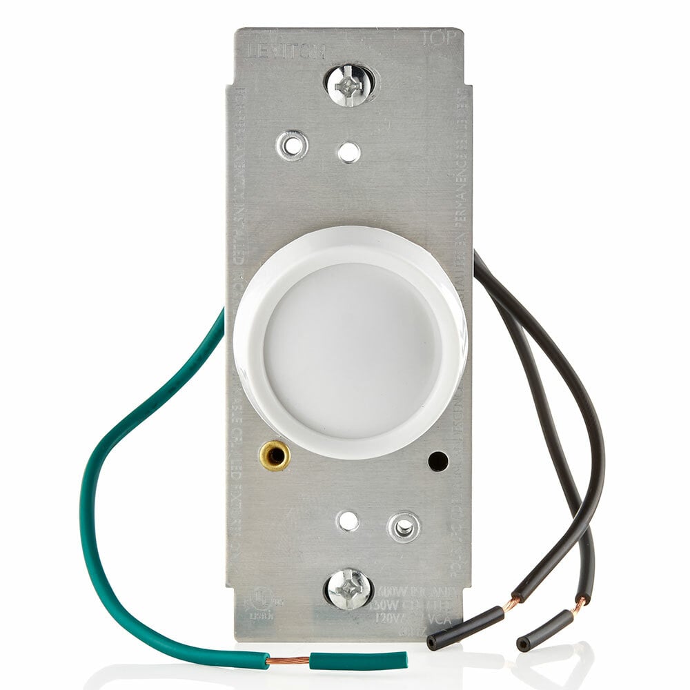 Universal Rotary Dimmer, Turn On/off, Single Pole, 600W - 120VAC Incandescent 150W LED/CFL. White Knob Assembled, Ivory And Lt Almond Knobs Included. Two Black Leads, One Green Ground Lead, (2) Mounting Screws Mounted To Strap With Retaining Washers,
