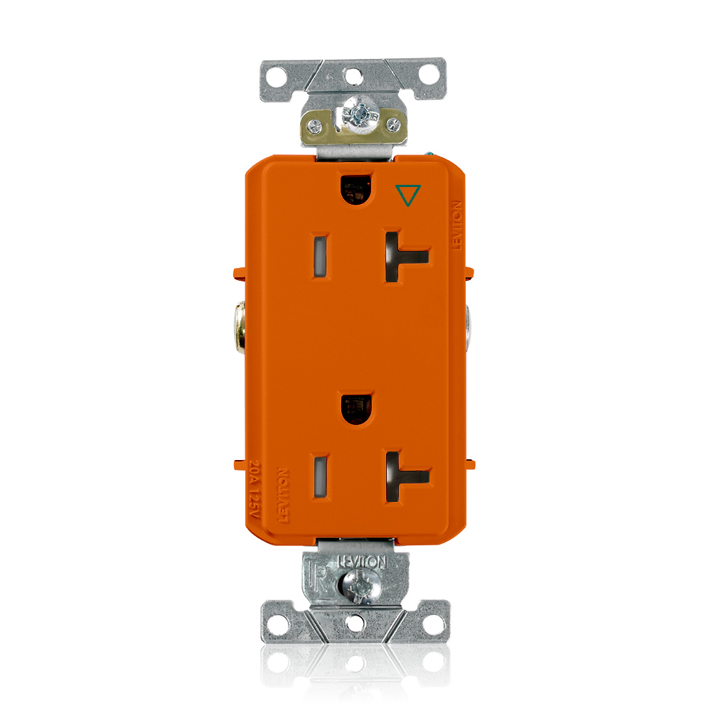 Decora Plus Duplex Receptacle, Tamper-Resistant, Isolated Ground, 2-Pole 3-Wire Grounding, NEMA 5-20R, 20A-125V   Back And Side Wired, Orange.  1-piece Ground.