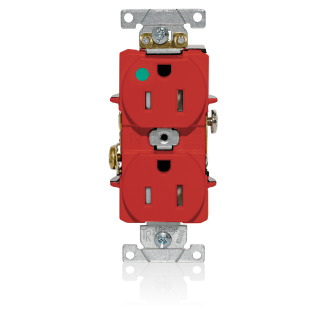 Duplex Receptacle, Tamper-resistant, Hospital Grade, 2-Pole 3-Wire Grounding, NEMA 5-15R, 15A-125V, Flat Face, Back And Side Wired, Red. 1-piece Ground-Contractor Pack