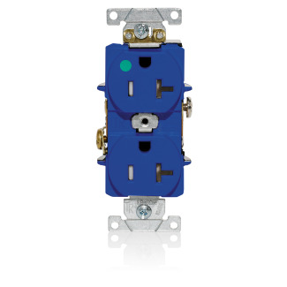 Duplex Receptacle, Tamper-resistant, Hospital Grade, 2-Pole 3-Wire Grounding, NEMA 5-20R, 20A-125V, Flat Face, Back And Side Wired, Blue. 1-piece Ground-Contractor Pack
