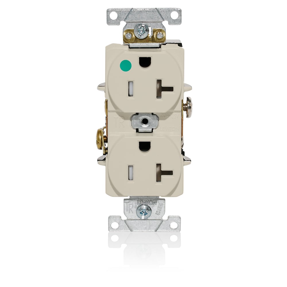 Duplex Receptacle, Tamper-resistant, Hospital Grade, 2-Pole 3-Wire Grounding, NEMA 5-20R, 20A-125V, Flat Face, Back And Side Wired, Light Almond. 1-piece Ground-Contractor Pack