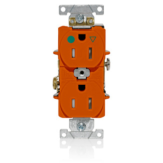 Duplex Receptacle, Tamper-Resistant, Hospital Grade, Isolated Ground, 2-Pole 3-Wire Grounding, NEMA 5-15R, 15A-12V. Flat Face, Back And Side Wired, Orange. 1-piece Ground-Contractor Pack