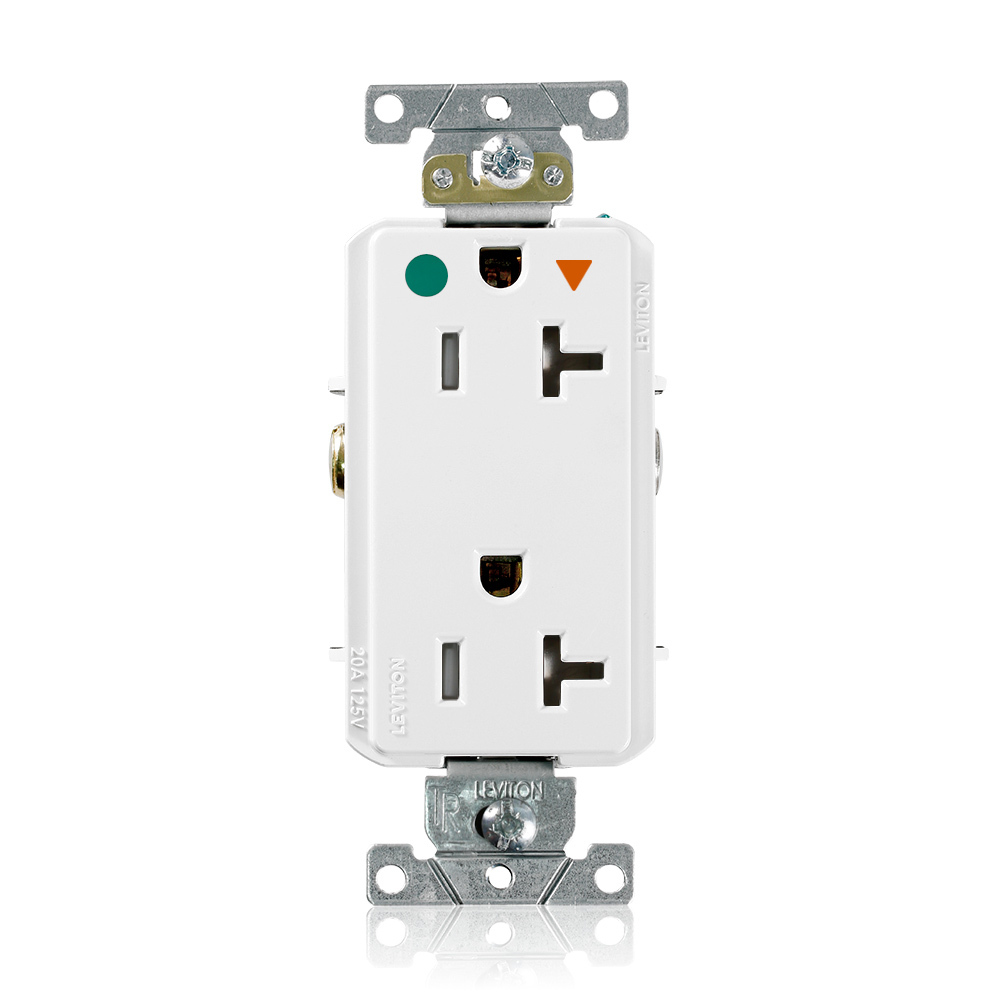 Decora Plus Duplex Receptacle, Tamper-resistant, Hospital Grade, Isolated Ground, 2-Pole 3-Wire Grounding, NEMA 5-20R, 20A-125V   Back And Side Wired, White. 1-Piece Ground.