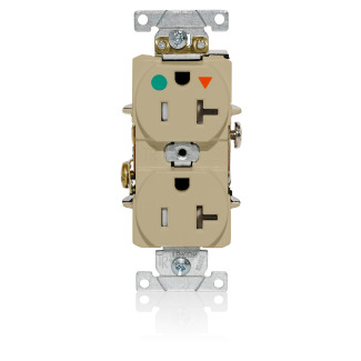 Duplex Receptacle, Tamper-Resistant, Hospital Grade, Isolated Ground, 2-Pole 3-Wire Grounding, NEMA 5-20R, 20A-12V. Flat Face, Back And Side Wired, Ivory. 1-piece Ground-Contractor Pack