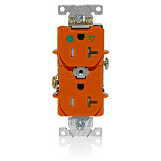 Duplex Receptacle, Tamper-Resistant, Hospital Grade, Isolated Ground, 2-Pole 3-Wire Grounding, NEMA 5-20R, 20A-12V. Flat Face, Back And Side Wired, Orange. 1-piece Ground-Contractor Pack