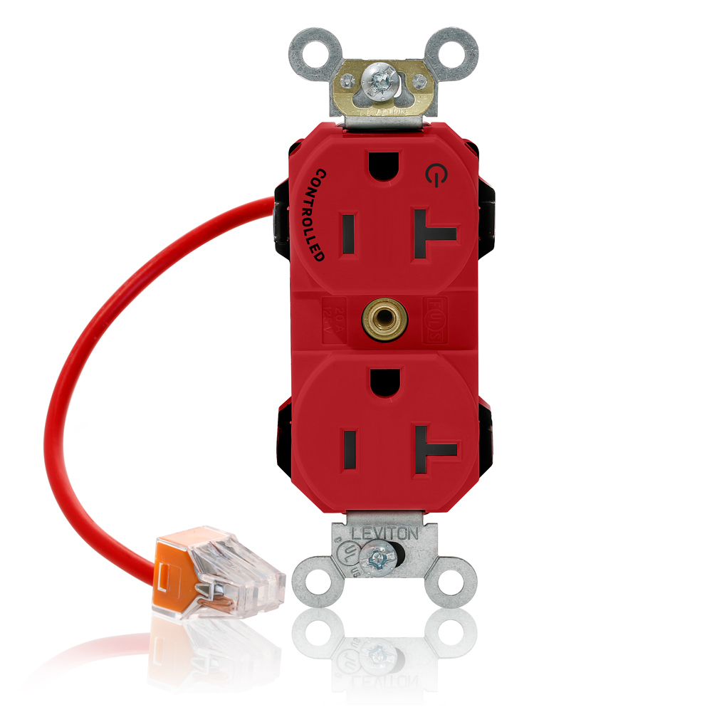20 Amp, 125 Volt, NEMA 5-20R, 2P, 3W, Lev-Lok Duplex Receptacle, One Marked Controlled Outlet,Straight Blade, Fed Spec,Heavy Duty Industrial Specification Grade,Self-Grounding, Modular Terminals, Steel Strap - RED