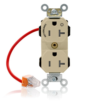 20 Amp, 125 Volt, NEMA 5-20R, 2P, 3W, Lev-Lok Duplex Receptacle, One Marked Controlled Outlet,Straight Blade, Fed Spec,Heavy Duty Industrial Specification Grade,Self-Grounding, Modular Terminals, Steel Strap - IVORY