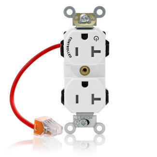 20 Amp, 125 Volt, NEMA 5-20R, 2P, 3W, Lev-Lok Duplex Receptacle, One Marked Controlled Outlet,Straight Blade, Fed Spec,Heavy Duty Industrial Specification Grade,Self-Grounding, Modular Terminals, Steel Strap - WHITE