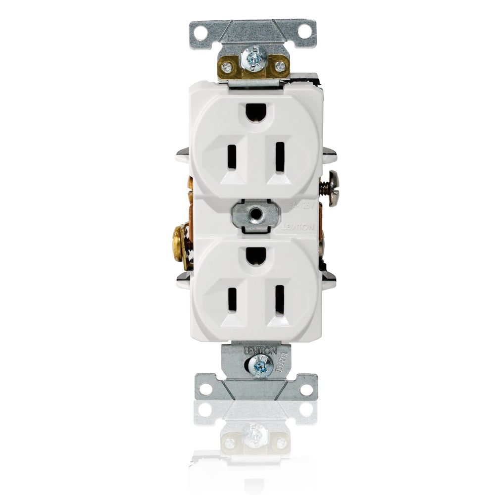 Duplex Receptacle Outlet,Heavy-Duty Industrial Specification Grade,Indented Face,15 Amp,125 Volt,Back or Side Wire,NEMA 5-15R,2-Pole,3-Wire,Self-Grounding - White